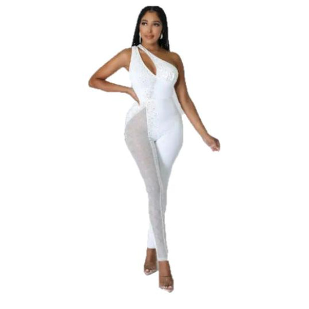 Sleeveless Rhinestone Hollow Mesh Jumpsuit 