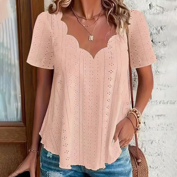 Womens Summer Scallop V Neck Eyelet T Blouses