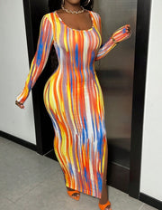 Women's Square Neck Printed Side Slit Hip Hugging Long Sleeved Dress