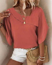 Solid Asymmetrical Neck Petal Sleeve Blouse