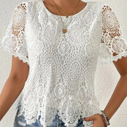 Women's Elegant White Lace V-Neck Blouse With Floral Cut-Out Detail Short Sleeve