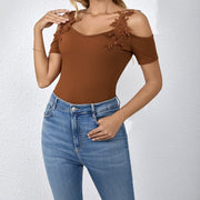 Ladies' Light V-neck Fashionable Casual Solid Color Lace Patchwork T-shirt Top