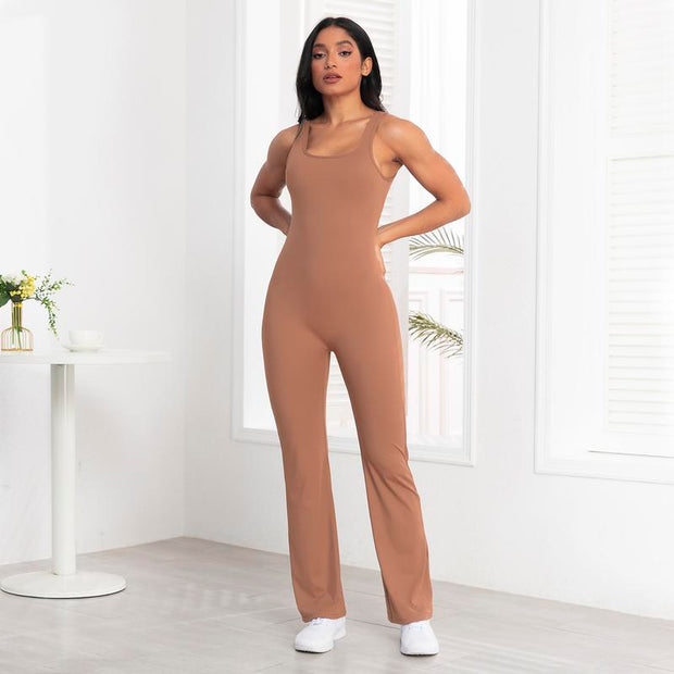 Women'S U Neck Solid Color Sports Jumpsuit with Tummy Contro