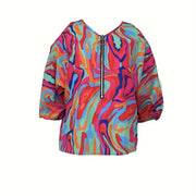 Ladies' Printed Off Shoulder V-neck Zipper Lantern Top