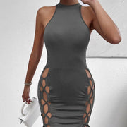 Women's Solid Color Sleeveless Skirt With Slit And Cross Tie, Sexy Tight Fitting Hip Hugging Dress, Short Skirt