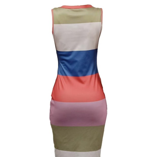 Ladies' Fashion Color Blocked Stripe Printed Sleeveless Tight Dress