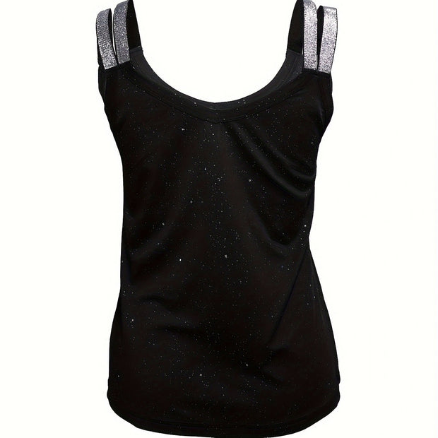 Ladies' V-neck Sequined Shoulder Strap Fashion New Solid Color Tank Top