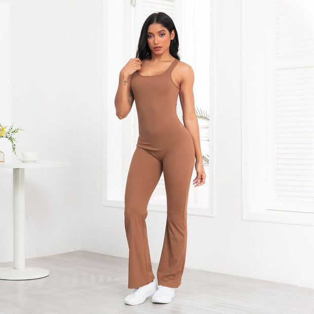 Women'S U Neck Solid Color Sports Jumpsuit with Tummy Contro