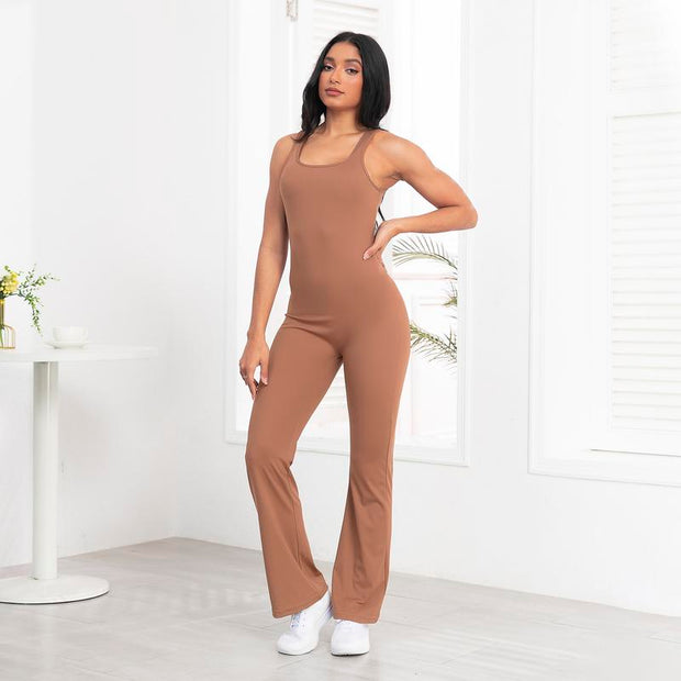Women'S U Neck Solid Color Sports Jumpsuit with Tummy Contro