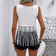 Women's Sleeveless Hollow Tassel Solid Color Round Neck Vest Top