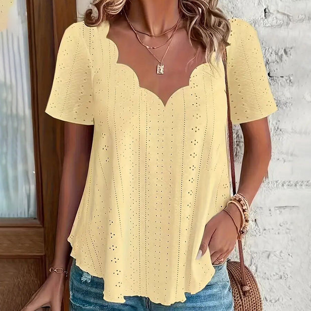 Womens Summer Scallop V Neck Eyelet T Blouses