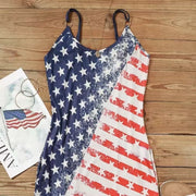 Ladies' V-neck American Flag Star Striped Pocket Shoulder Strap Mini Dress, Independence Day Dress