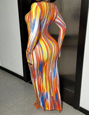 Women's Square Neck Printed Side Slit Hip Hugging Long Sleeved Dress