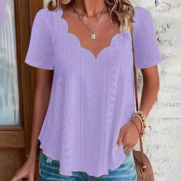 Womens Summer Scallop V Neck Eyelet T Blouses
