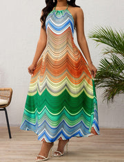 Ladies' Neck Hanging Peacock Element Printed Casual Dress