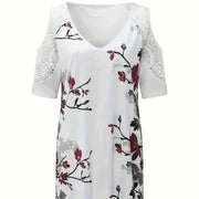 Women's V-neck Floral Print Contrasting Lace Off Shoulder Top