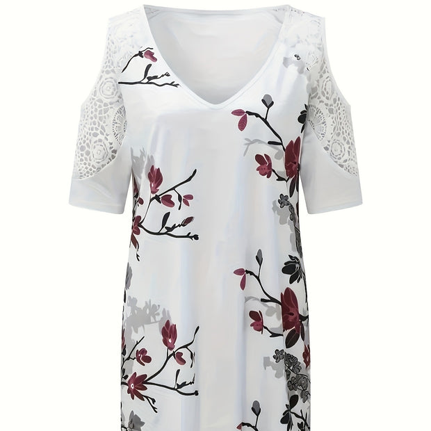 Women's V-neck Floral Print Contrasting Lace Off Shoulder Top