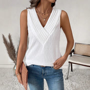Women's Fashion Casual Sleeveless V-Neck Layered Collar Pleated Texture Jacquard Tank Top