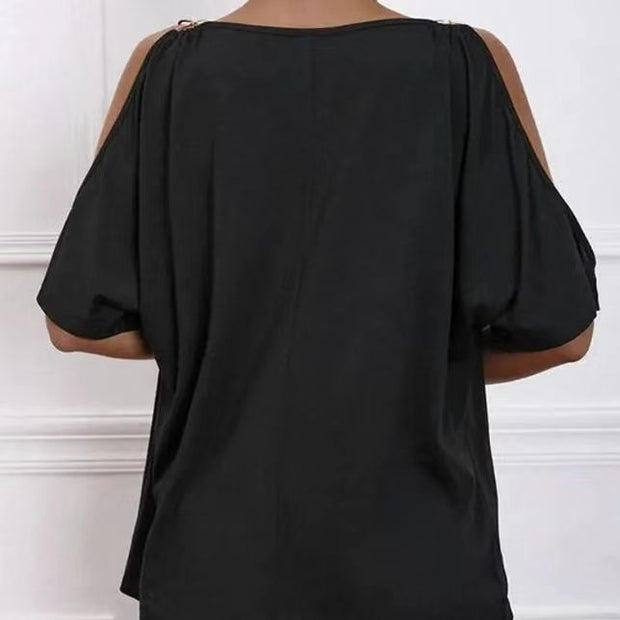 Women's Solid Color Cold Shoulder Hanging Collar O-ring Detail T-shirt Top