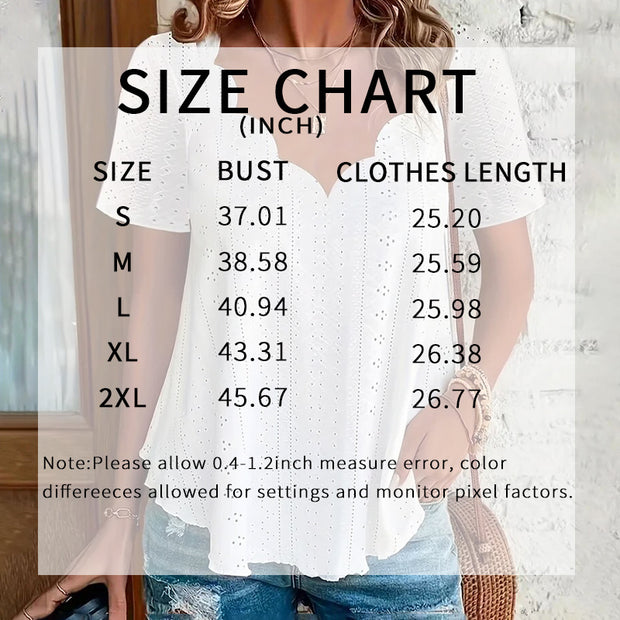Womens Summer Scallop V Neck Eyelet T Blouses