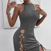 Women's Solid Color Sleeveless Skirt With Slit And Cross Tie, Sexy Tight Fitting Hip Hugging Dress, Short Skirt