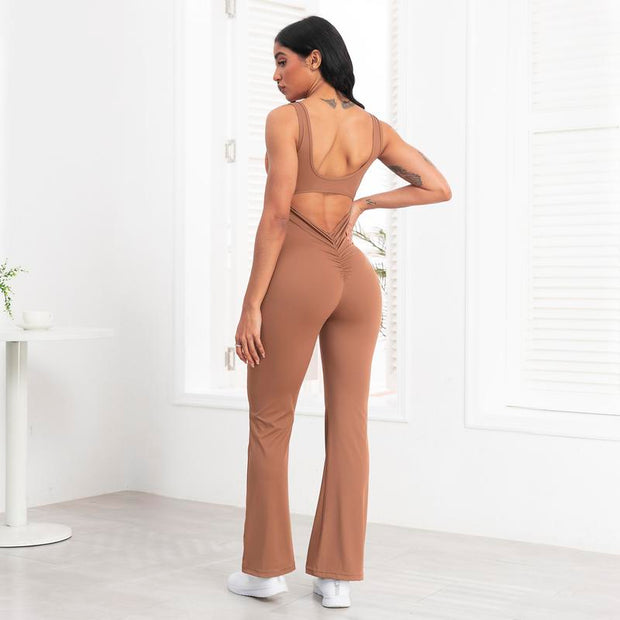 Women'S U Neck Solid Color Sports Jumpsuit with Tummy Contro