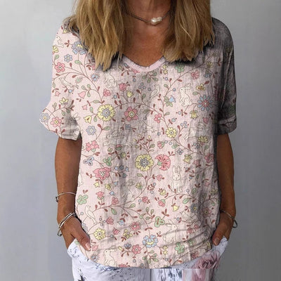 Retro Digital Floral V-neck Short-sleeved T-shirt