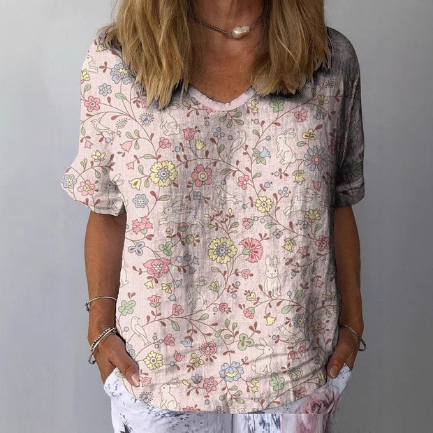Retro Digital Floral V-neck Short-sleeved T-shirt