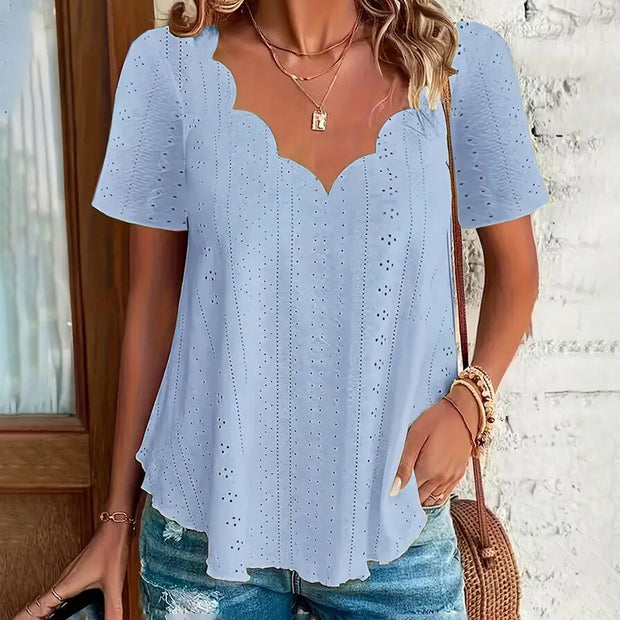 Womens Summer Scallop V Neck Eyelet T Blouses