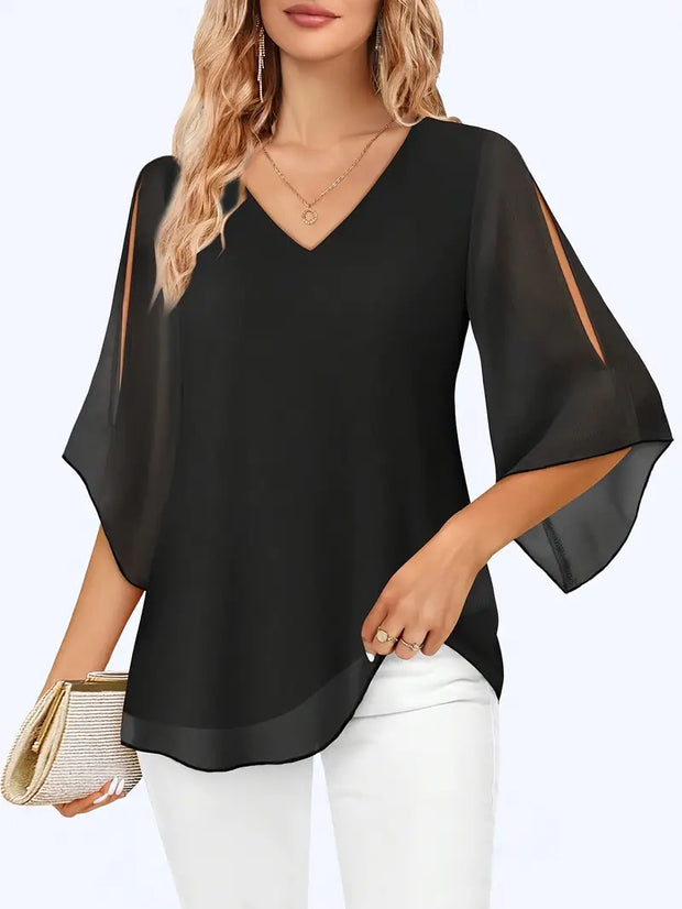V-neck Double-layer Mesh Shirt Top