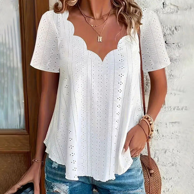 Womens Summer Scallop V Neck Eyelet T Blouses