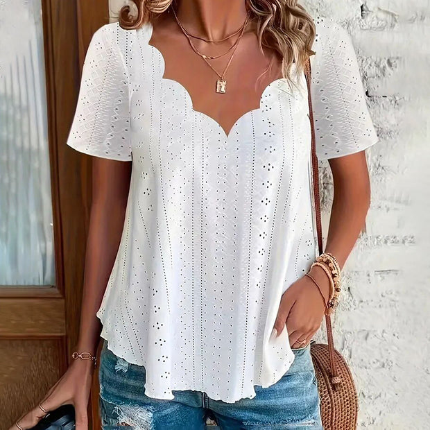 Womens Summer Scallop V Neck Eyelet T Blouses
