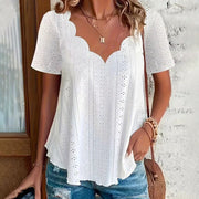 Womens Summer Scallop V Neck Eyelet T Blouses