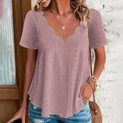 Womens Summer Scallop V Neck Eyelet T Blouses