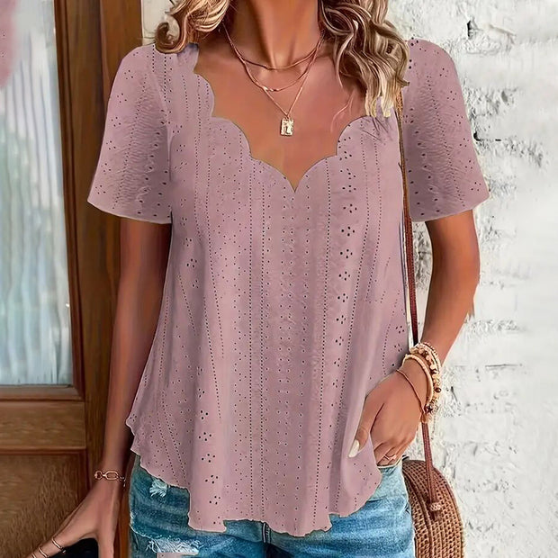 Womens Summer Scallop V Neck Eyelet T Blouses