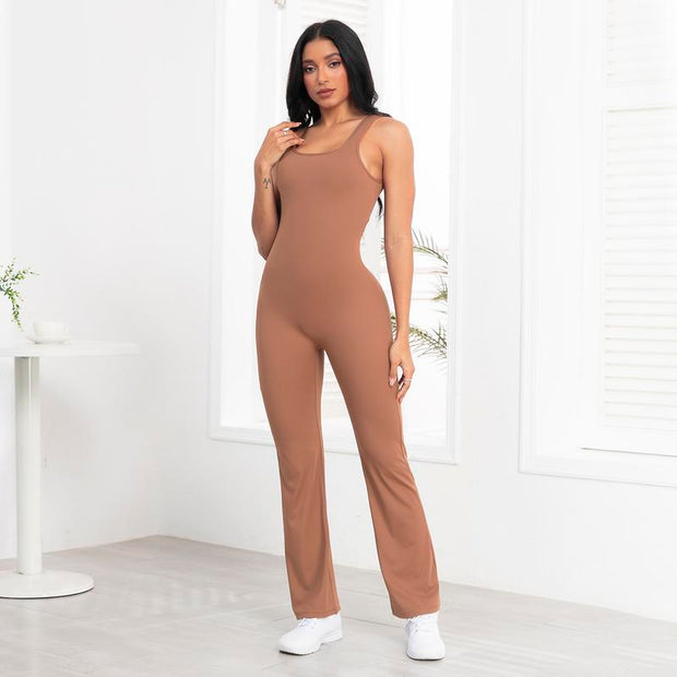 Women'S U Neck Solid Color Sports Jumpsuit with Tummy Contro