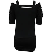 Ladies' Solid Color Lace Up Sleeve Shirt With Hollowed Out Square Collar Casual Shirt, Summer Rock T-shirt Top