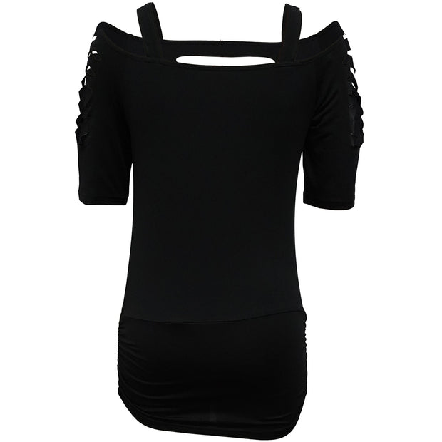 Ladies' Solid Color Lace Up Sleeve Shirt With Hollowed Out Square Collar Casual Shirt, Summer Rock T-shirt Top