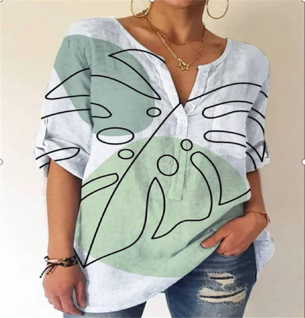 Loose Printed V-neck Long-sleeved Shirt