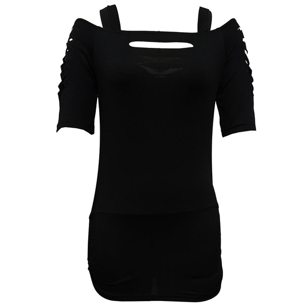 Ladies' Solid Color Lace Up Sleeve Shirt With Hollowed Out Square Collar Casual Shirt, Summer Rock T-shirt Top