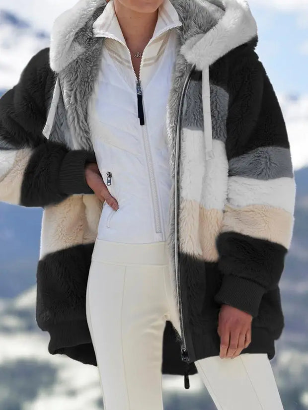 Colorblock Cozy Hooded Plush Jacket