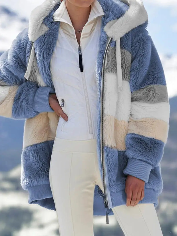 Colorblock Cozy Hooded Plush Jacket