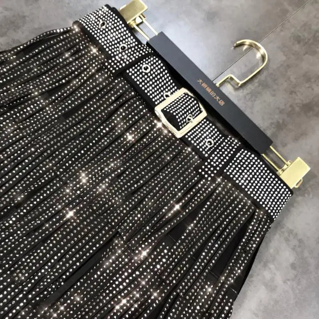 Women Skirt Fashion 2025 New Autumn High Waist Belt Multi Layer Short  Heavy Drilling Rhinestones Fringed Skirt with Cake A Line