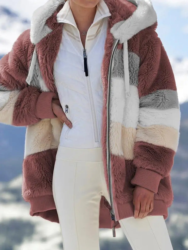 Colorblock Cozy Hooded Plush Jacket