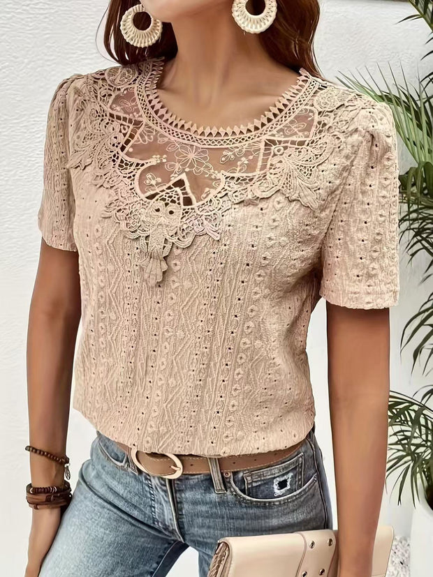 Women's Stitching Bow Tie Solid Color Hollow Round Neck Lace Short Sleeve