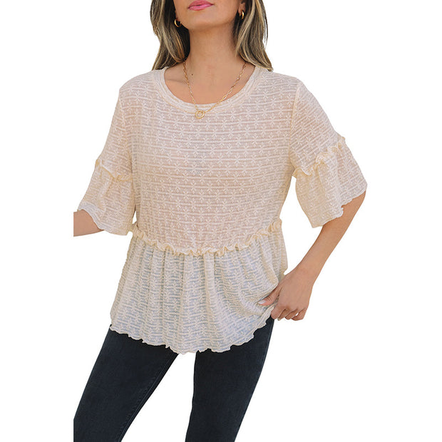 Spring And Summer New Solid Color Pullover Round Neck Short Sleeve Chiffon Shirt