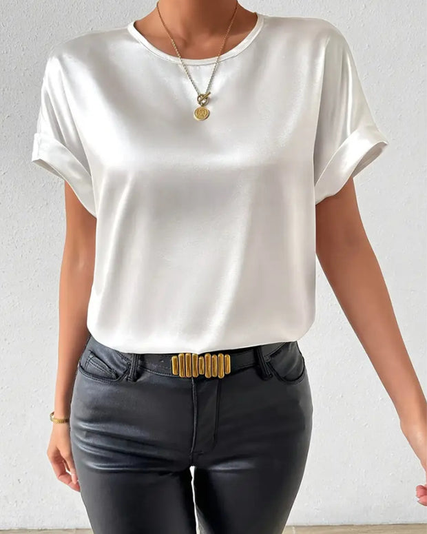 Elegant Solid Color Round Neck Short Sleeves Top T-shirt
