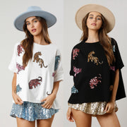 Tiger Sequined Top Casual Loose-fitting T-shirt