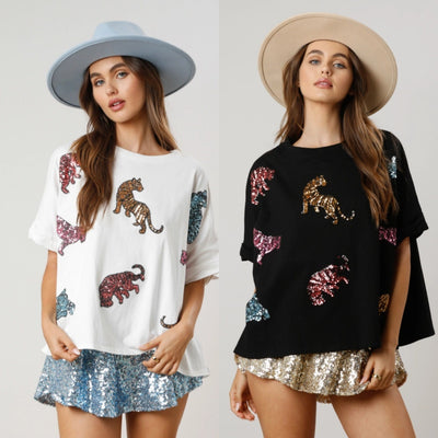 Tiger Sequined Top Casual Loose-fitting T-shirt