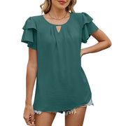 Solid Color And V-neck Hollow-out Double-layer Sleeve Loose Chiffon T-shirt